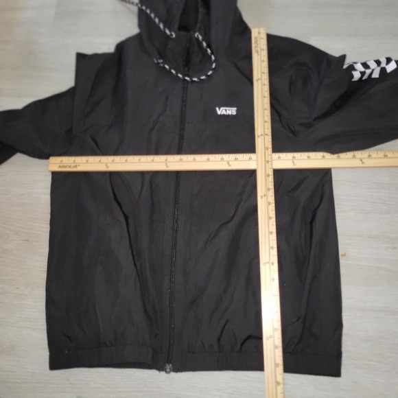 Vans Black Hooded Windbreaker Jacket Checkerboard Sleeve Zip M skater surfer - Picture 8 of 9